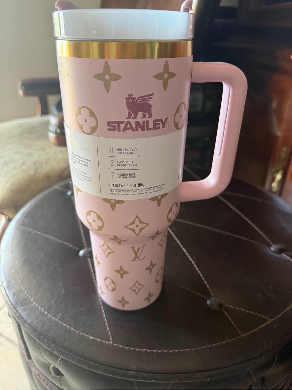 Stanley Pink Tumbler with Gold Patterned Accents 40oz